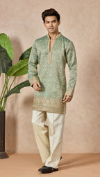 Green Pista V-Neck Short Kurta Set for Men with Korean Pants
