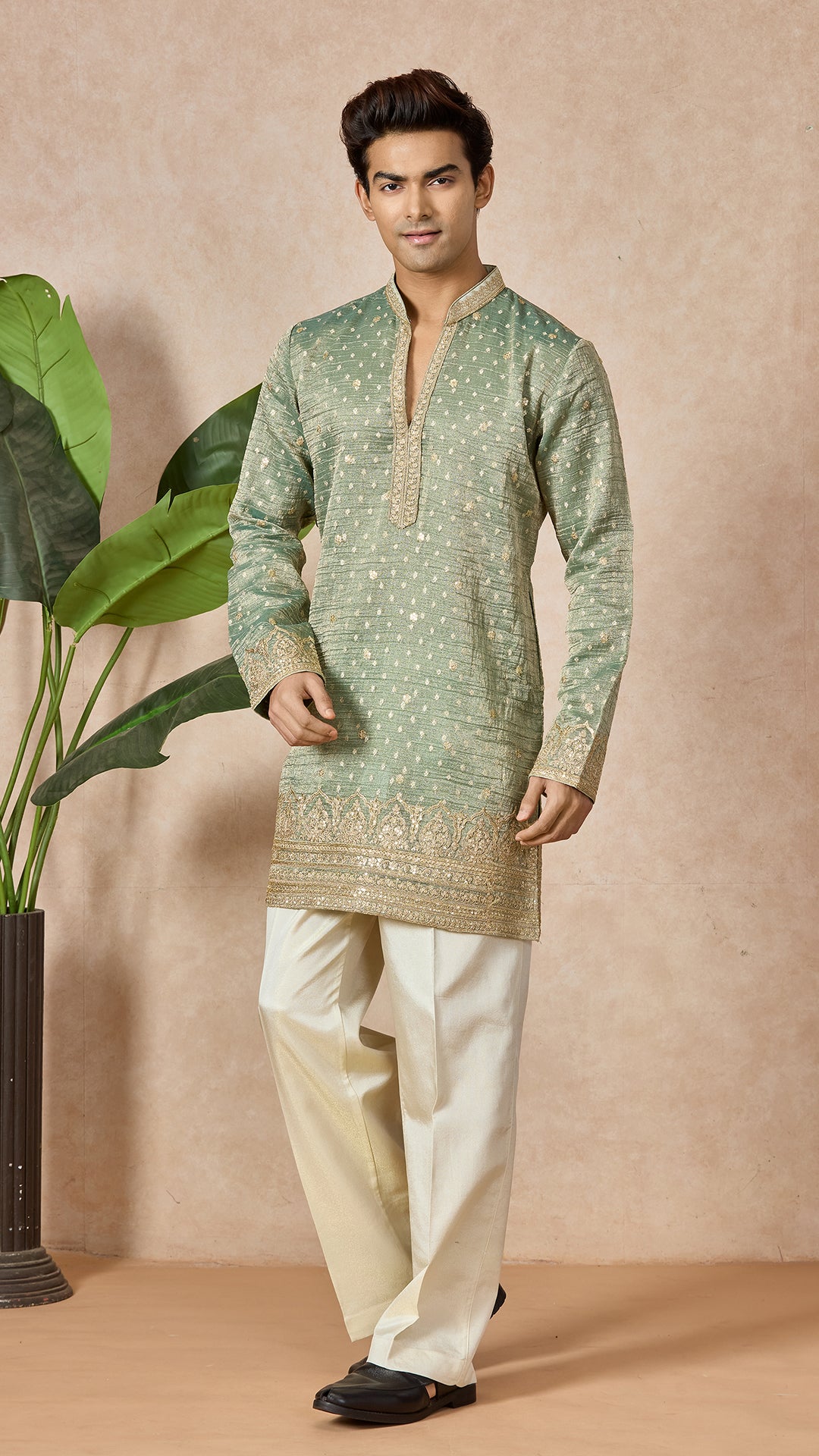 Green Pista V-Neck Short Kurta Set for Men with Korean Pants