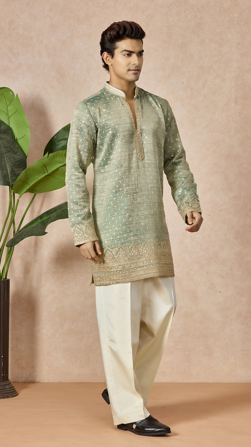 Green Pista V-Neck Short Kurta Set for Men with Korean Pants