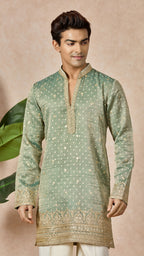 Green Pista V-Neck Short Kurta Set for Men with Korean Pants