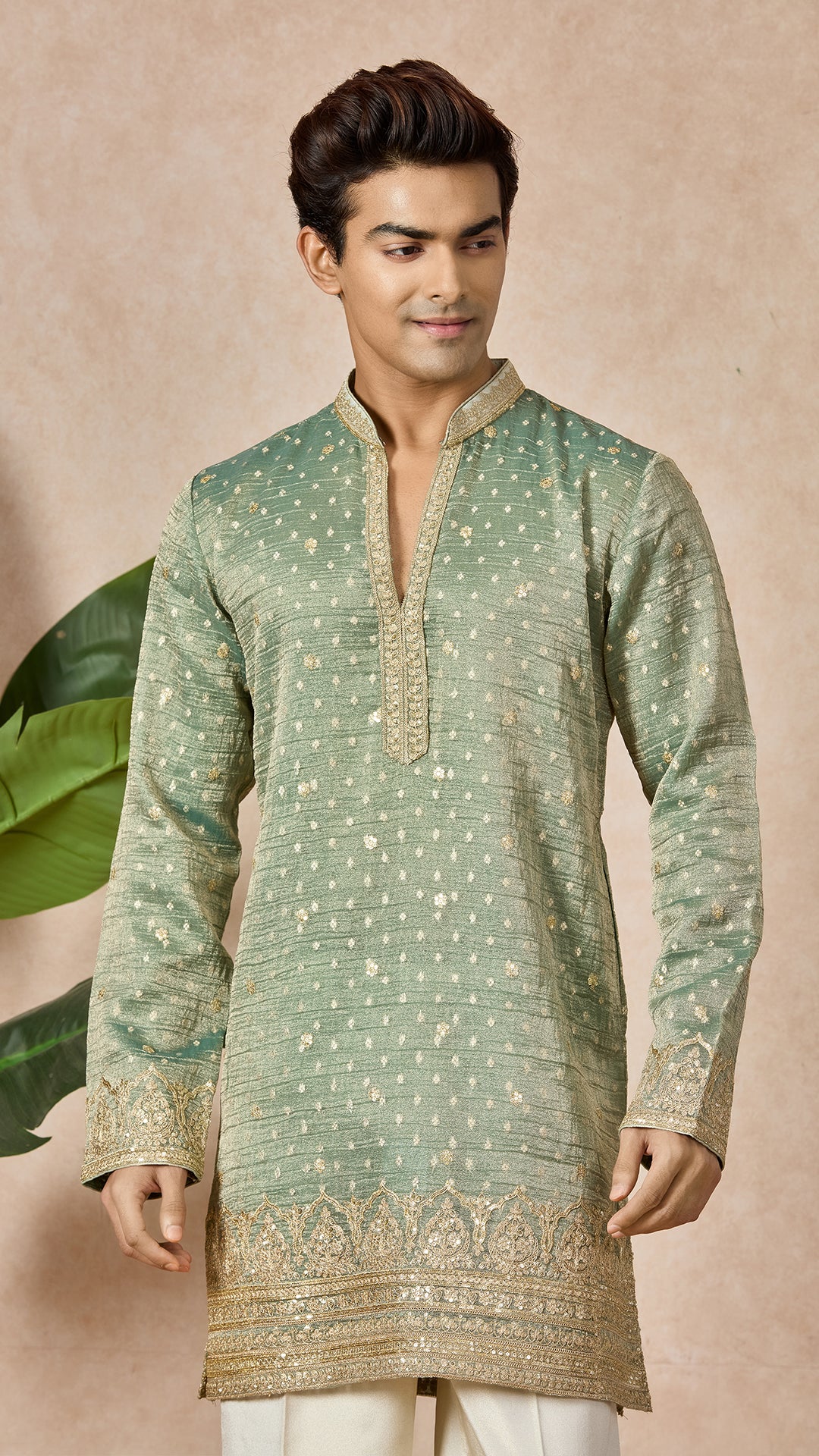 Green Pista V-Neck Short Kurta Set for Men with Korean Pants