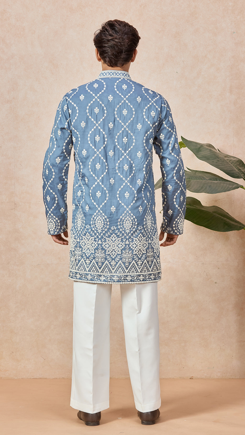 Grey V-Neck Short Kurta Set for Men with Korean Pants