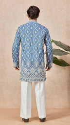 Grey V-Neck Short Kurta Set for Men with Korean Pants