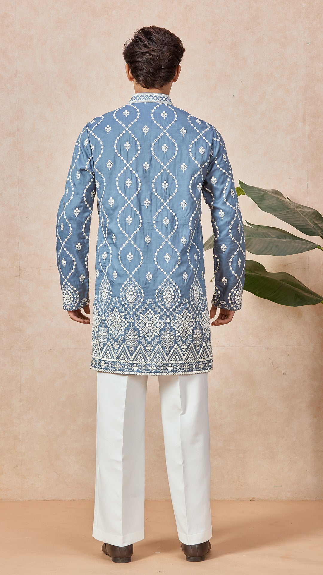 Grey V-Neck Short Kurta Set for Men with Korean Pants