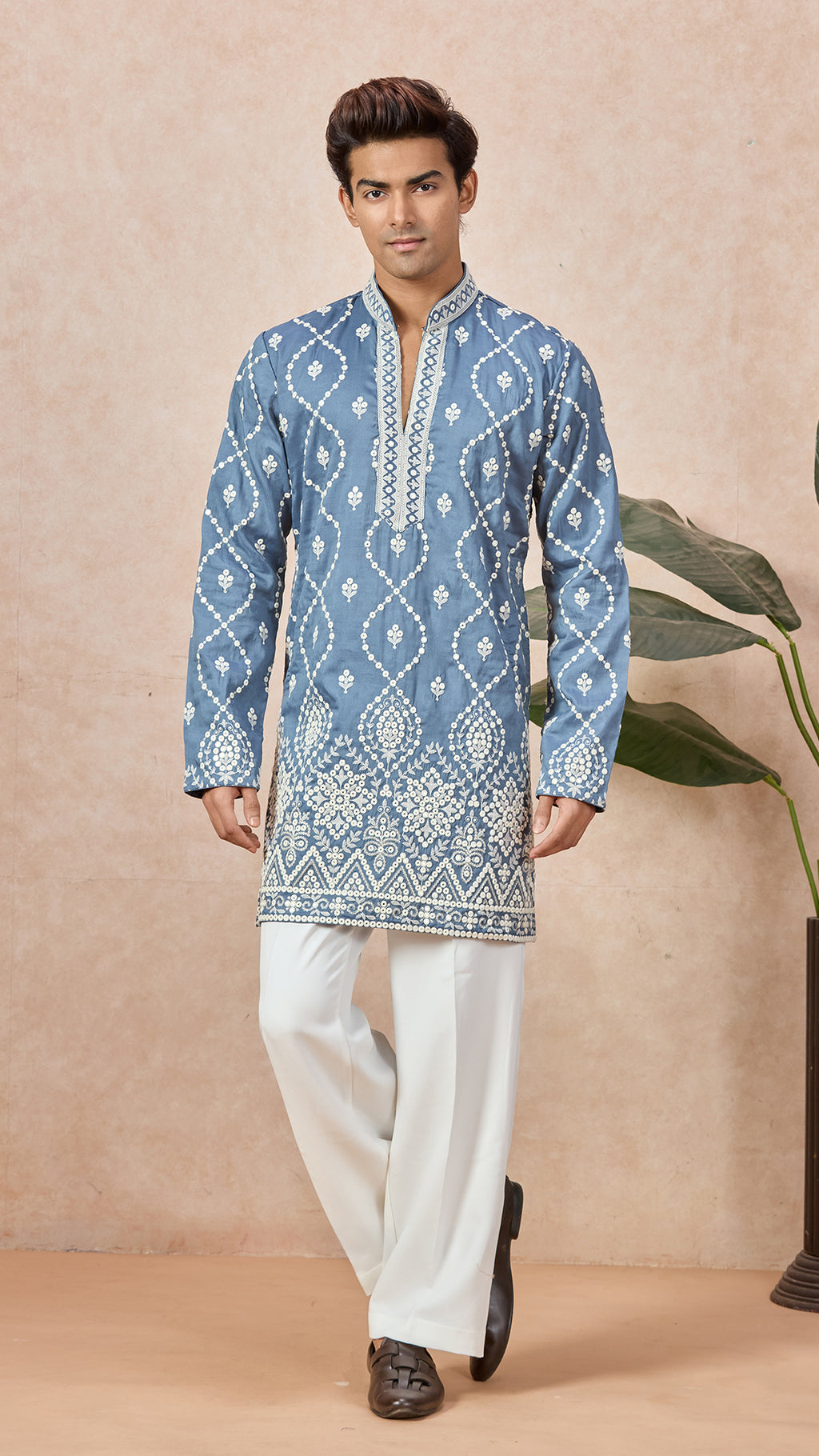 Grey V-Neck Short Kurta Set for Men with Korean Pants
