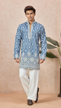 Grey V-Neck Short Kurta Set for Men with Korean Pants