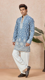 Grey V-Neck Short Kurta Set for Men with Korean Pants