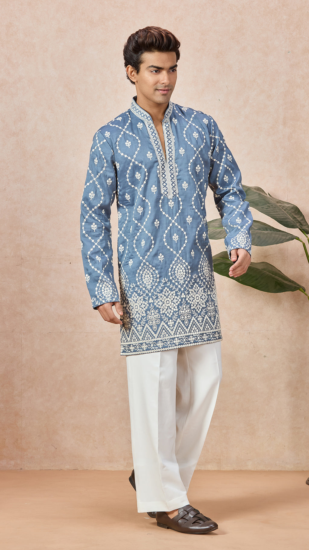 Grey V-Neck Short Kurta Set for Men with Korean Pants
