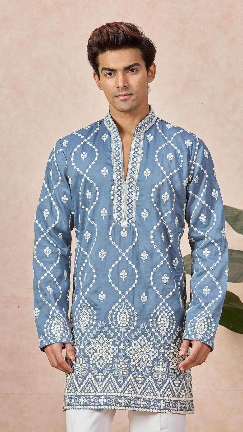 Grey V-Neck Short Kurta Set for Men with Korean Pants