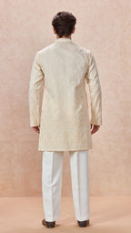 Beige V-Neck Short Kurta Set for Men with Korean Pants