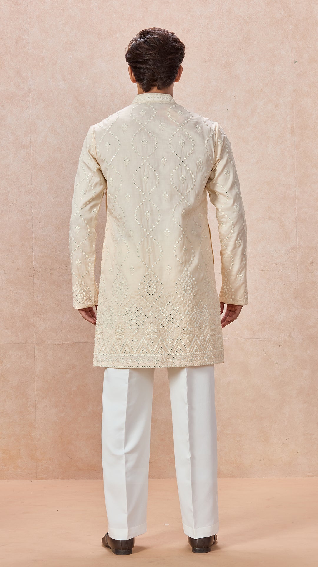 Beige V-Neck Short Kurta Set for Men with Korean Pants