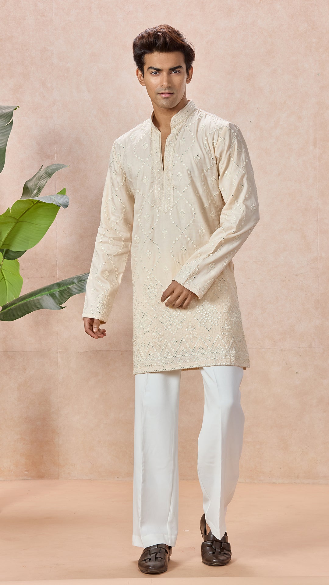 Beige V-Neck Short Kurta Set for Men with Korean Pants