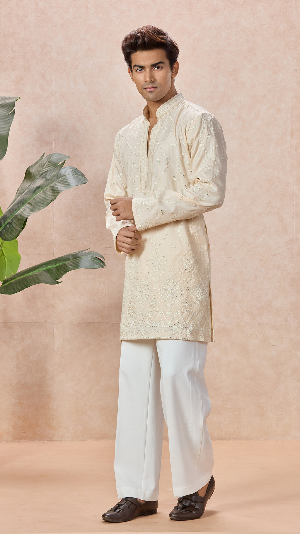 Beige V-Neck Short Kurta Set for Men with Korean Pants