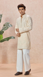Beige V-Neck Short Kurta Set for Men with Korean Pants