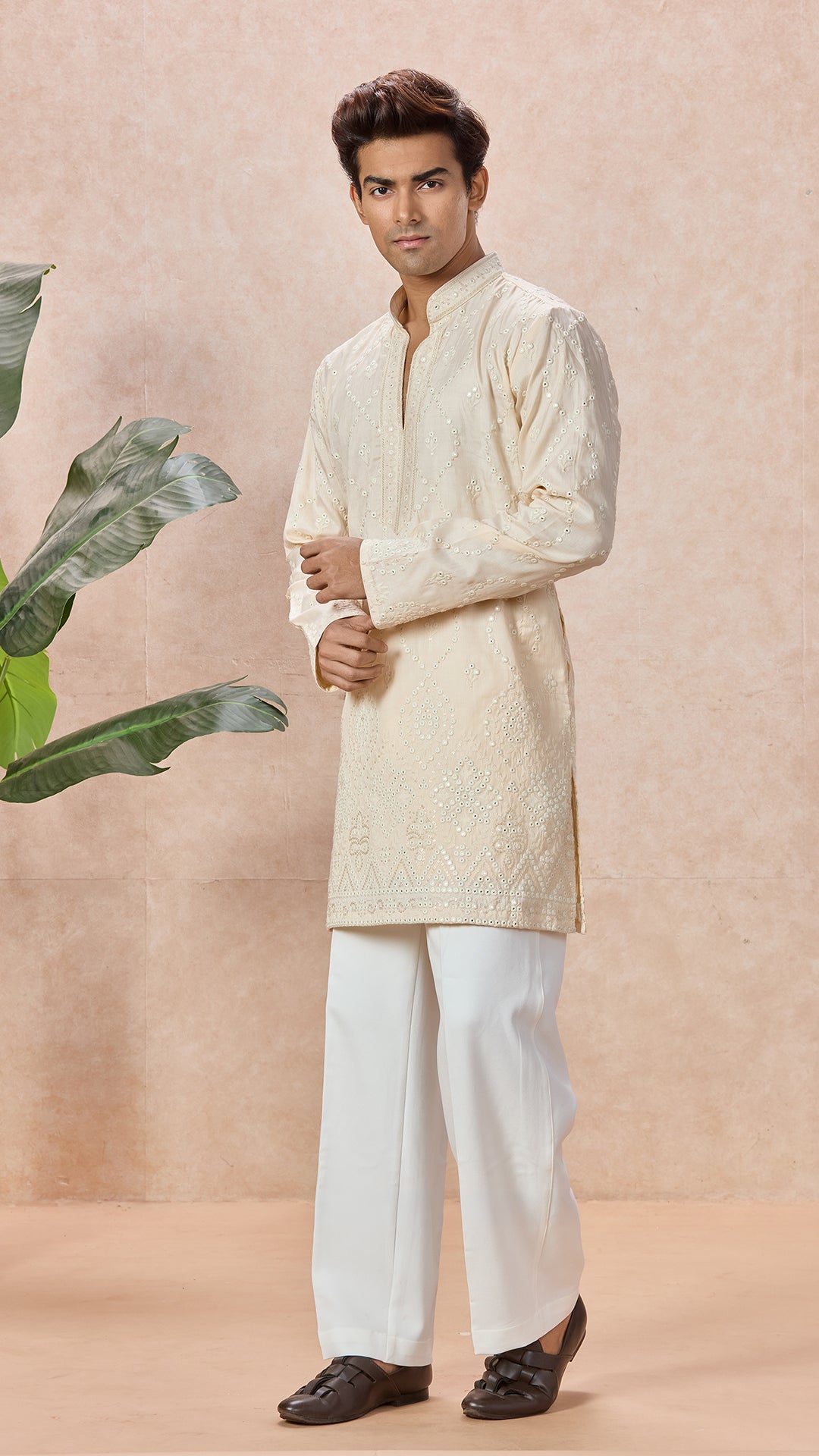 Beige V-Neck Short Kurta Set for Men with Korean Pants