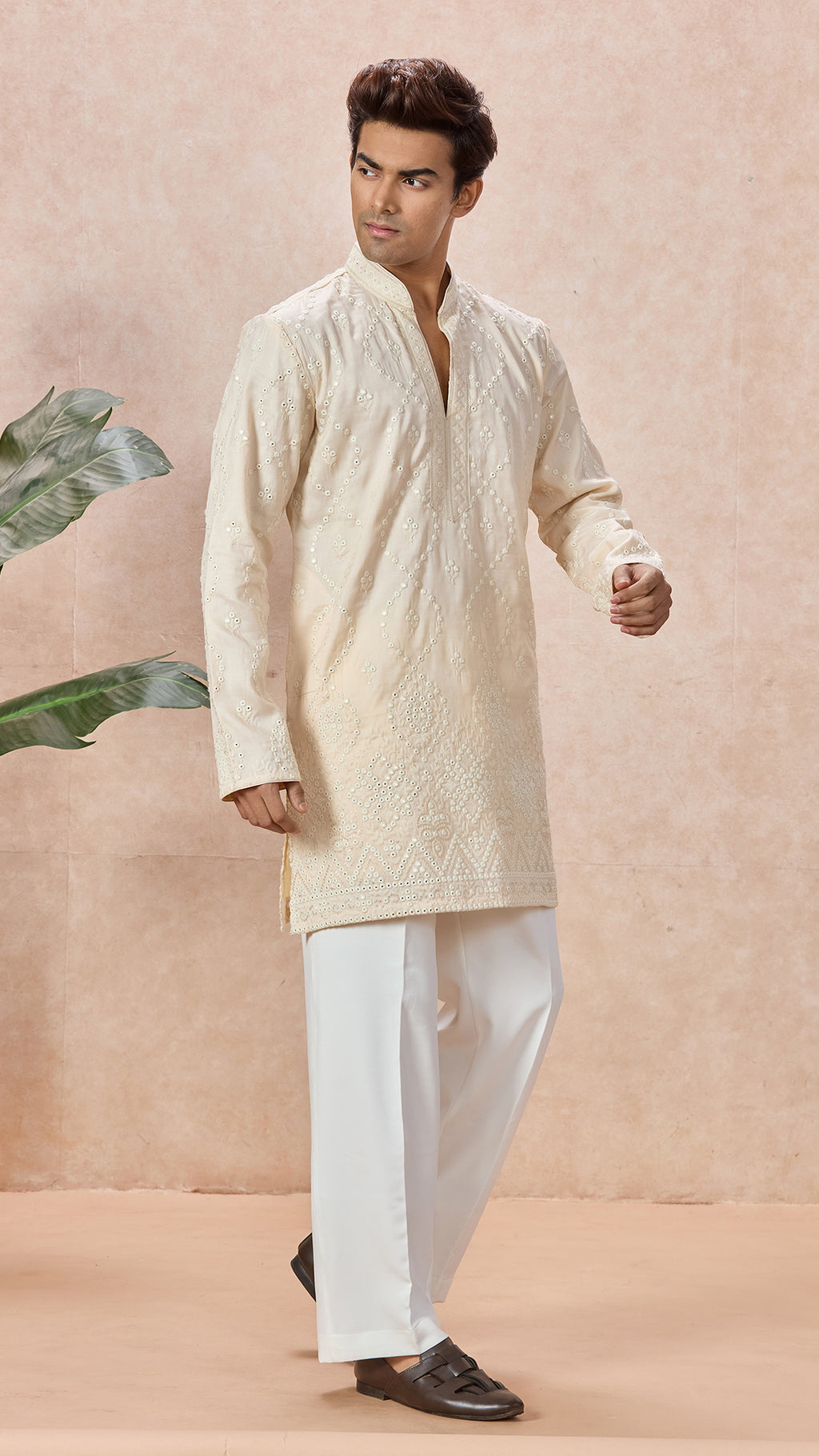 Beige V-Neck Short Kurta Set for Men with Korean Pants