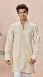 Beige V-Neck Short Kurta Set for Men with Korean Pants