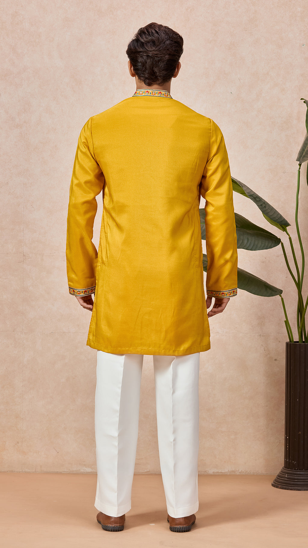 Yellow V-Neck Short Kurta Set for Men with Korean Pants
