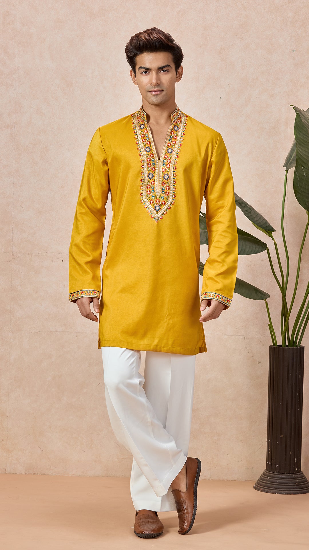 Yellow V-Neck Short Kurta Set for Men with Korean Pants