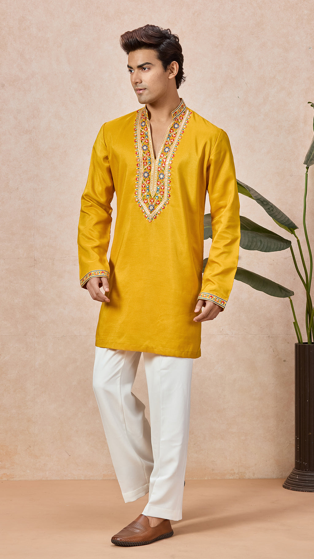 Yellow V-Neck Short Kurta Set for Men with Korean Pants