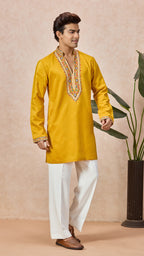 Yellow V-Neck Short Kurta Set for Men with Korean Pants