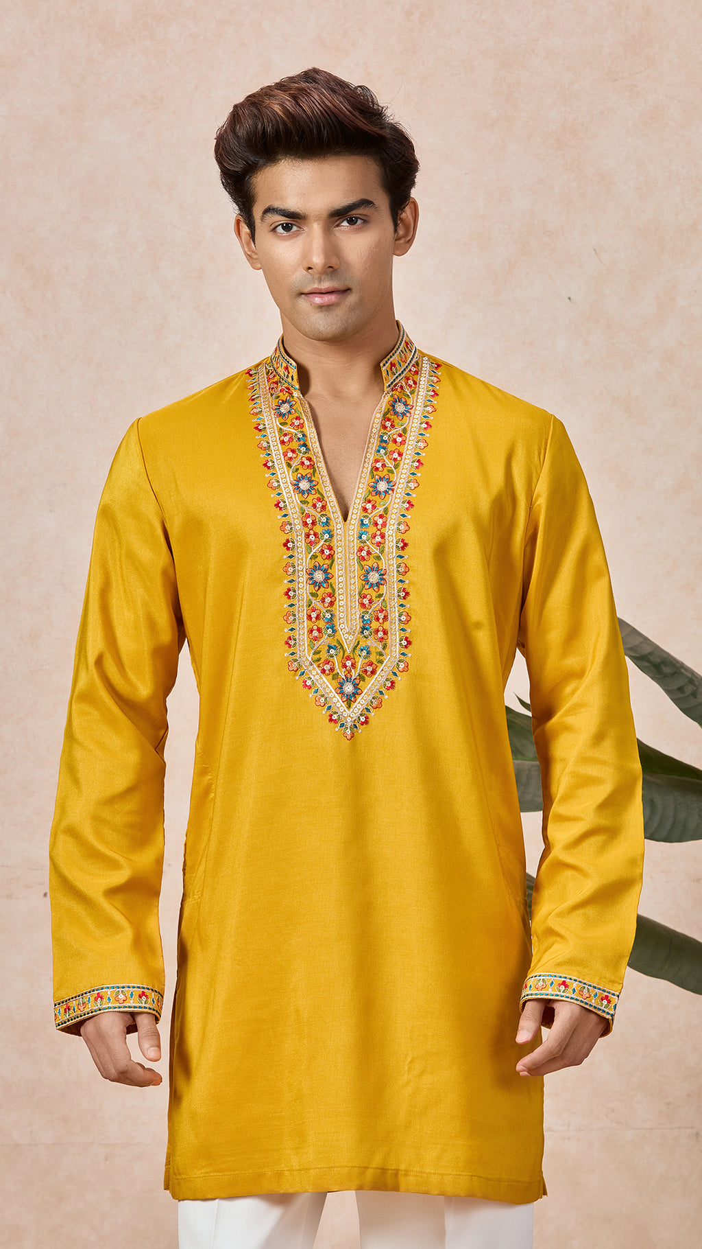 Yellow V-Neck Short Kurta Set for Men with Korean Pants