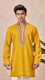 Yellow V-Neck Short Kurta Set for Men with Korean Pants