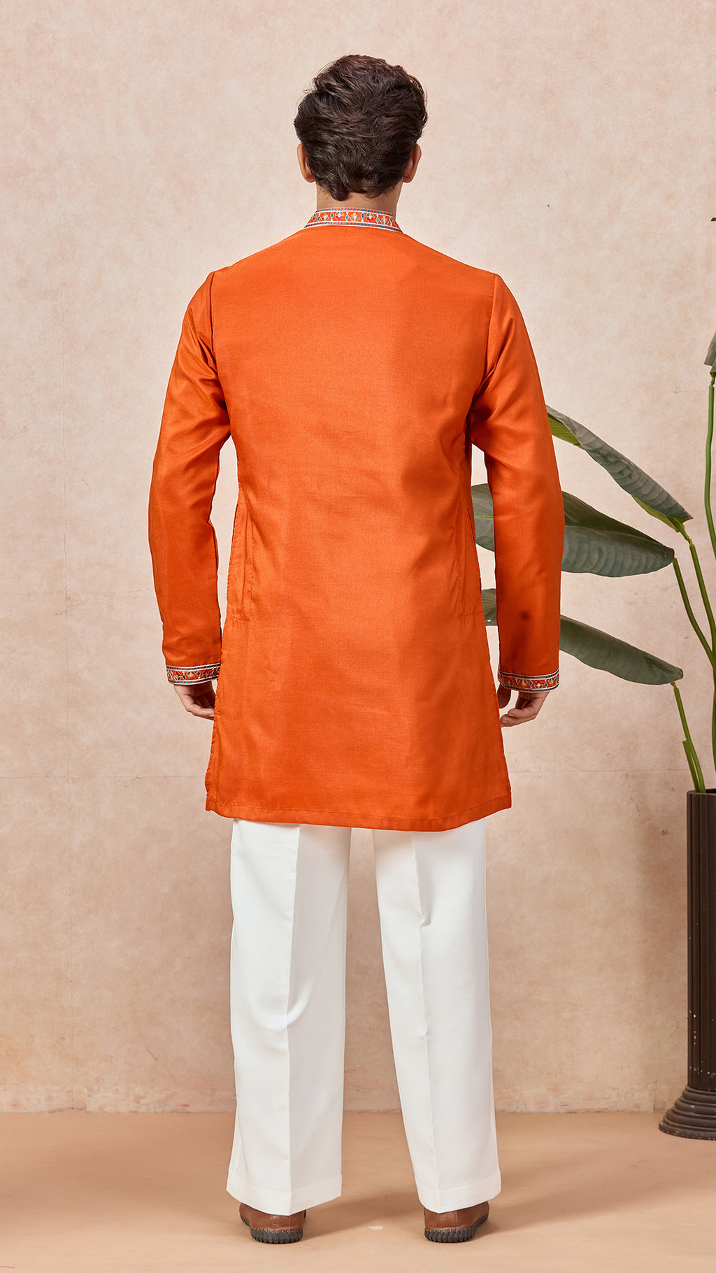Orange V-Neck Short Kurta Set for Men with Korean Pants