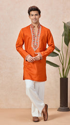 Orange V-Neck Short Kurta Set for Men with Korean Pants