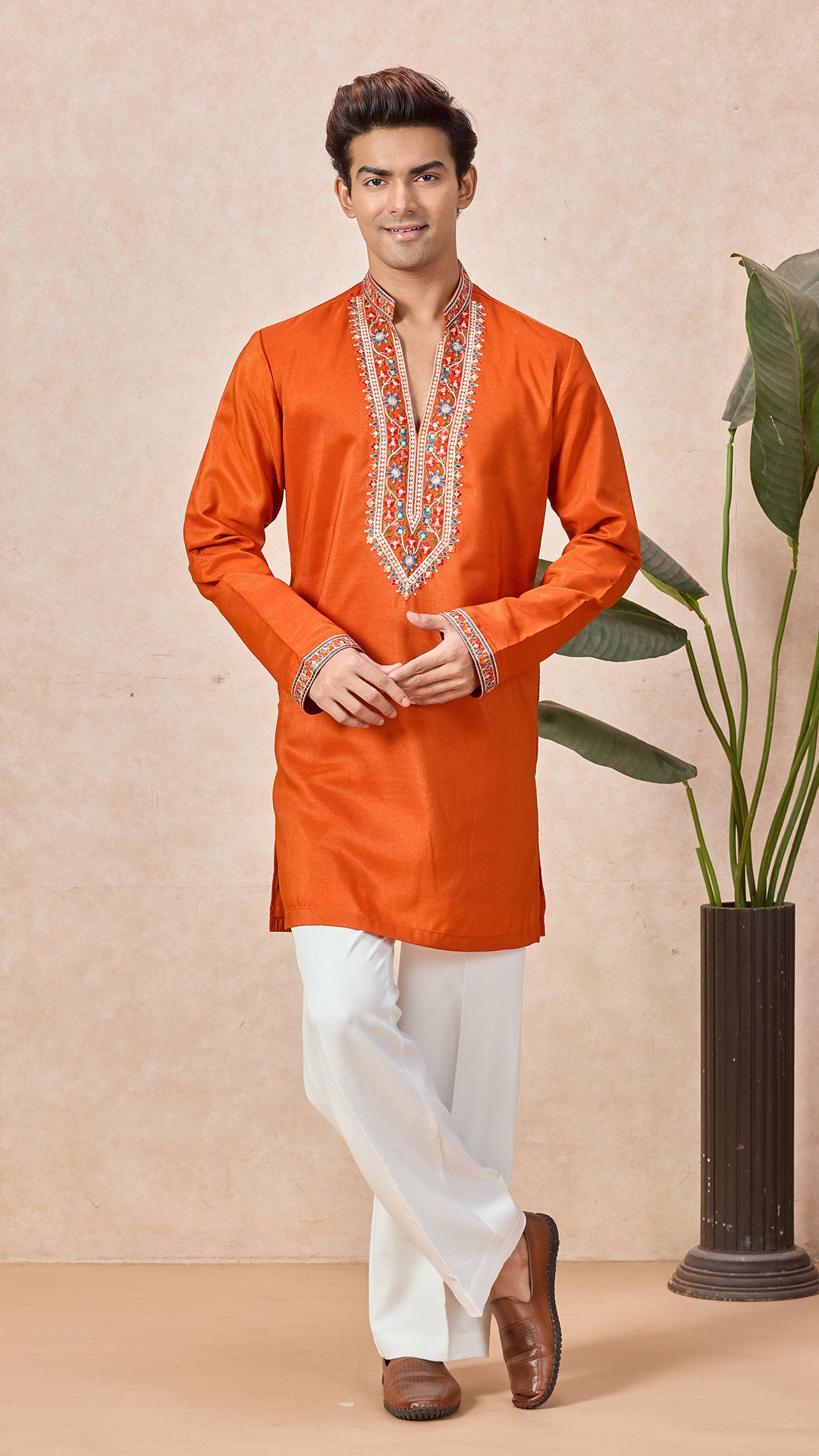 Orange V-Neck Short Kurta Set for Men with Korean Pants