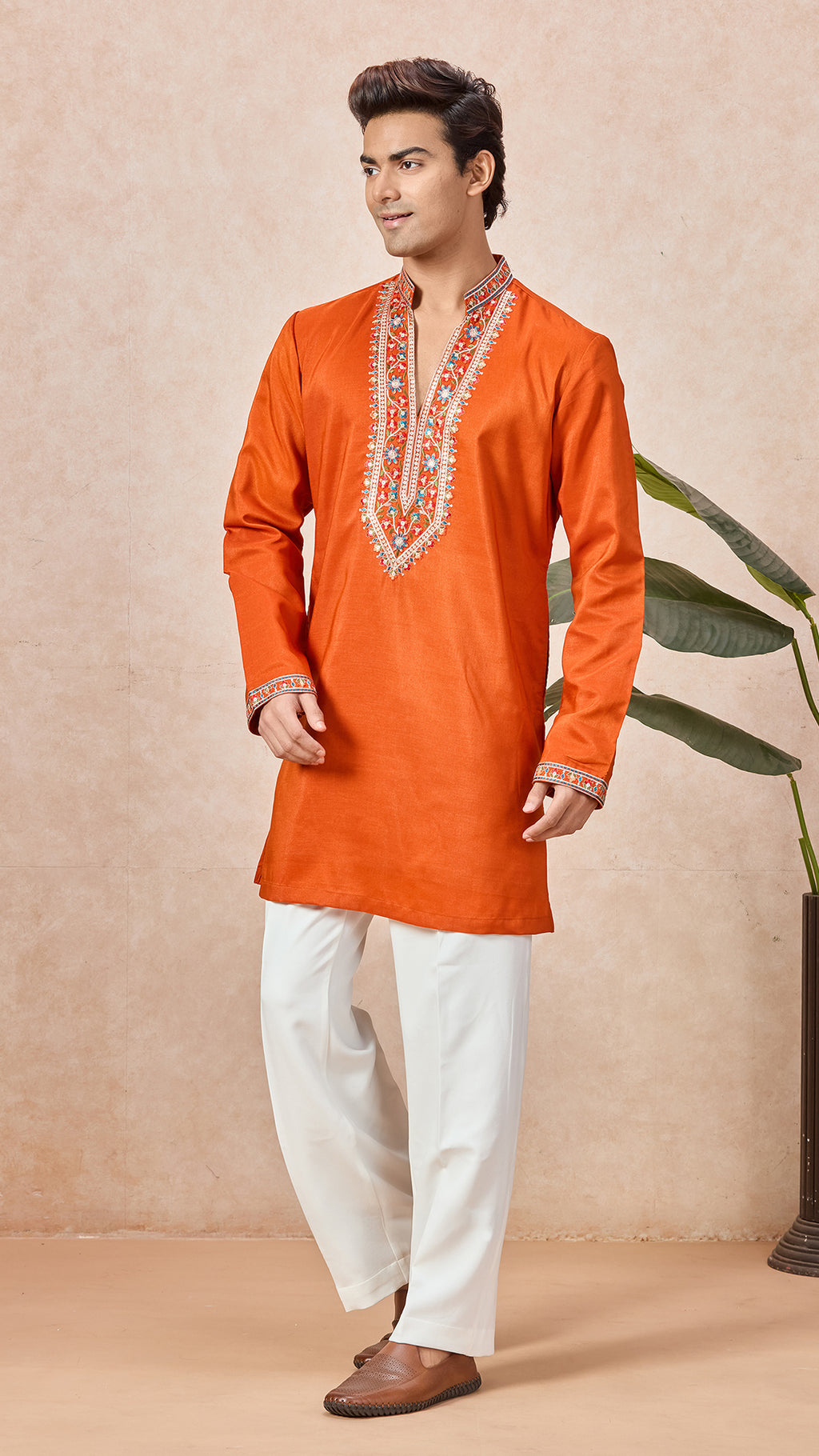 Orange V-Neck Short Kurta Set for Men with Korean Pants