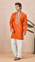 Orange V-Neck Short Kurta Set for Men with Korean Pants