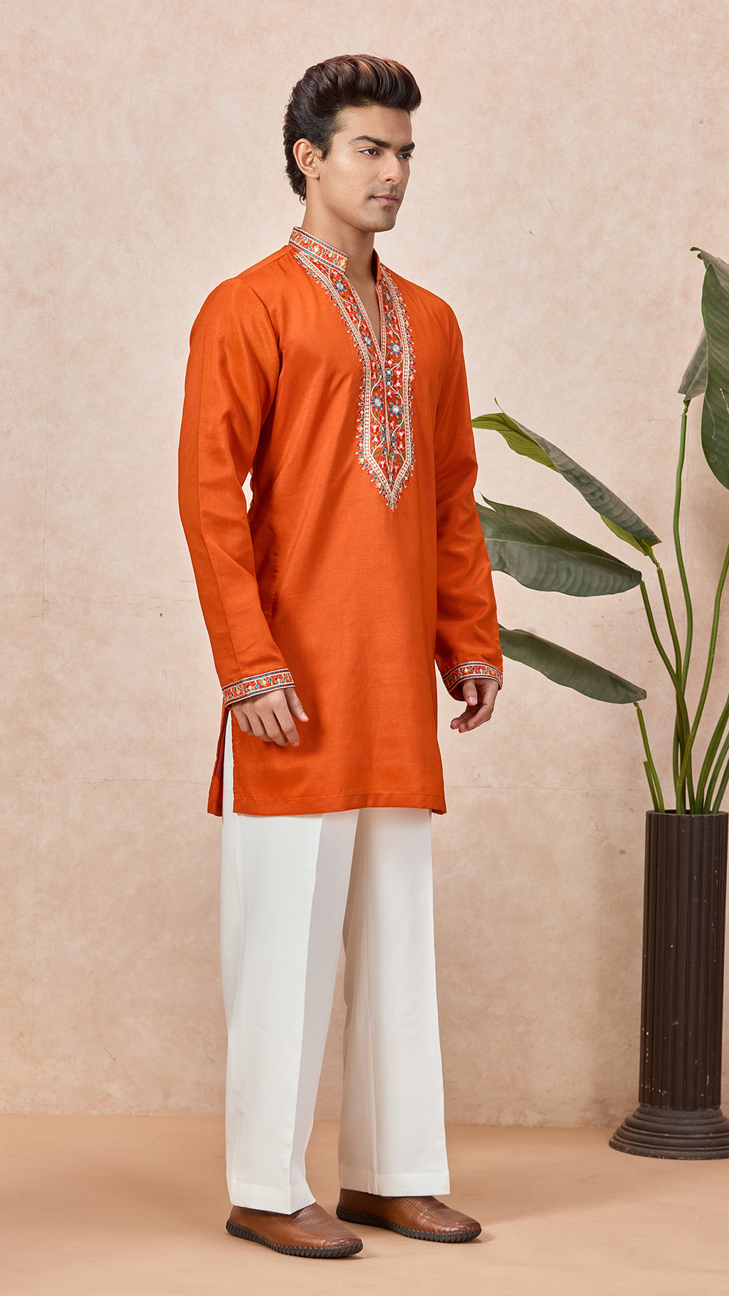 Orange V-Neck Short Kurta Set for Men with Korean Pants