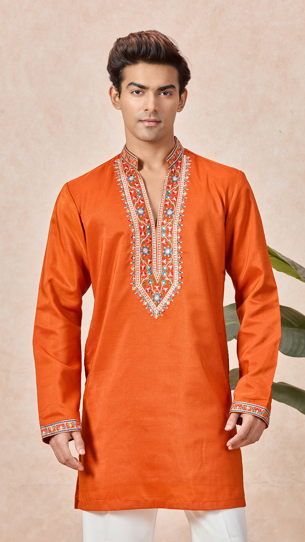 Orange V-Neck Short Kurta Set for Men with Korean Pants