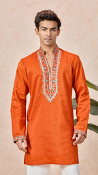 Orange V-Neck Short Kurta Set for Men with Korean Pants