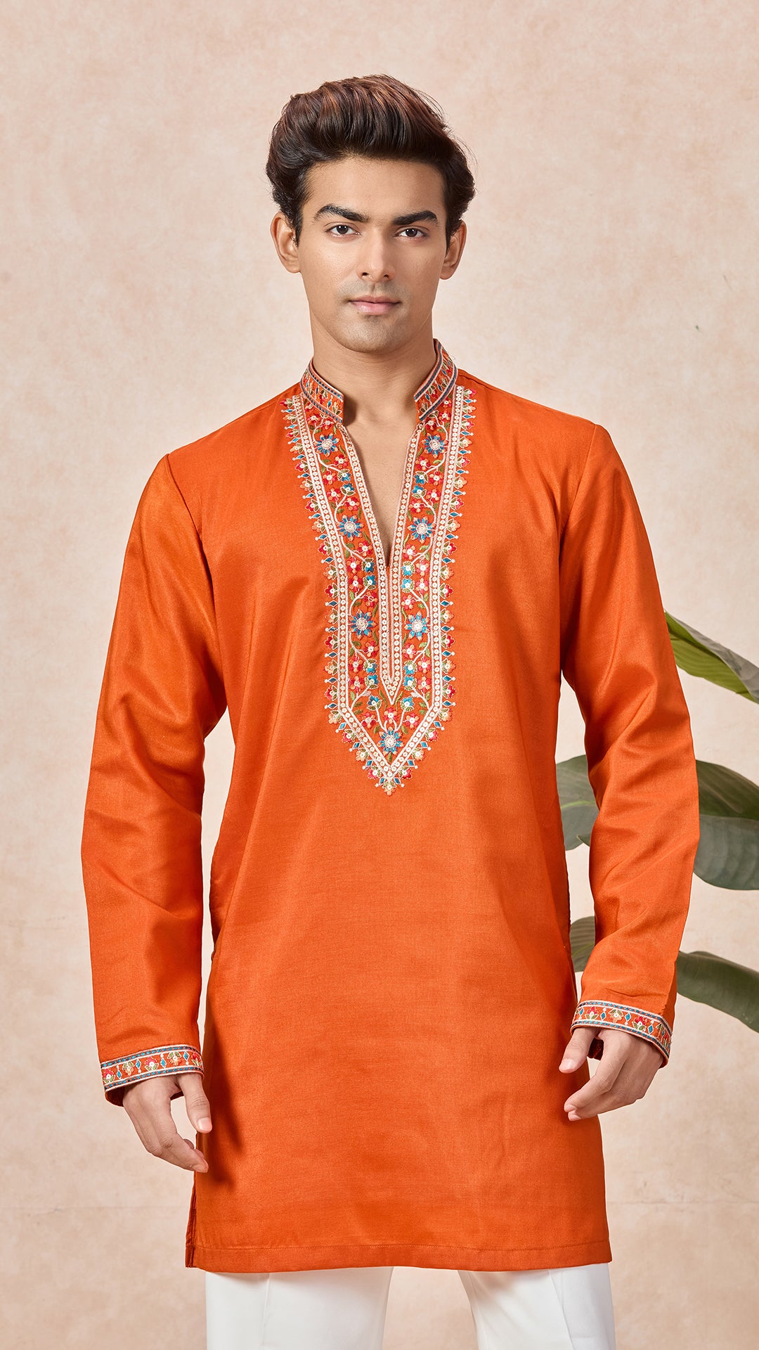 Orange V-Neck Short Kurta Set for Men with Korean Pants