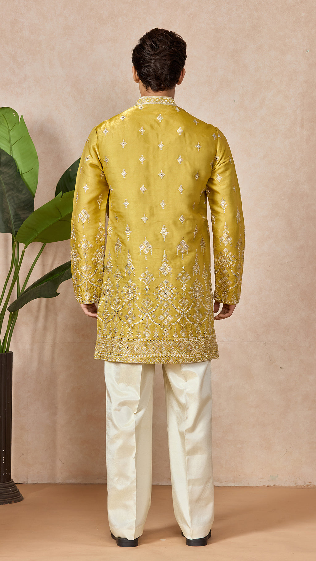 Yellow V-Neck Short Kurta Set for Men with Korean Pants