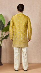 Yellow V-Neck Short Kurta Set for Men with Korean Pants