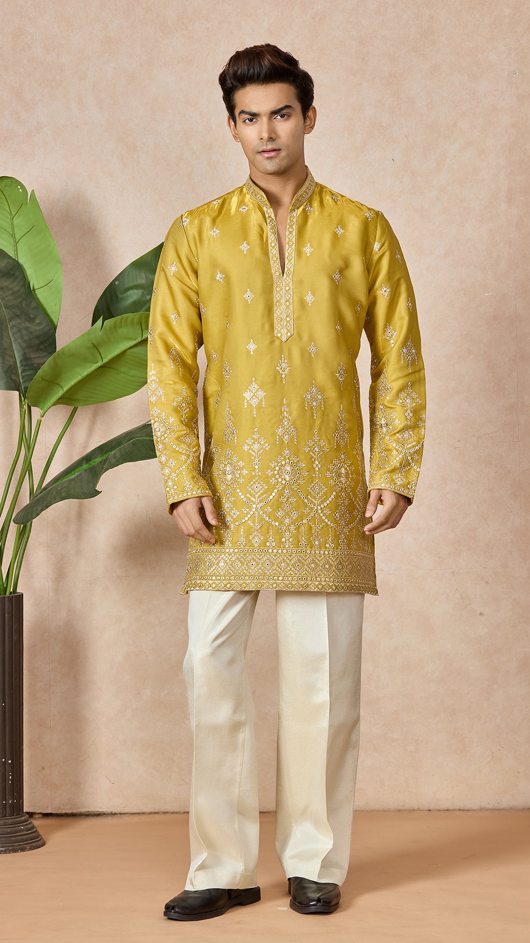 Yellow V-Neck Short Kurta Set for Men with Korean Pants