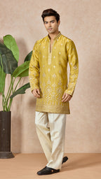 Yellow V-Neck Short Kurta Set for Men with Korean Pants
