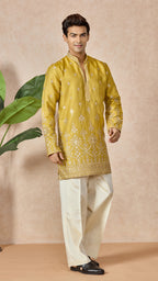 Yellow V-Neck Short Kurta Set for Men with Korean Pants