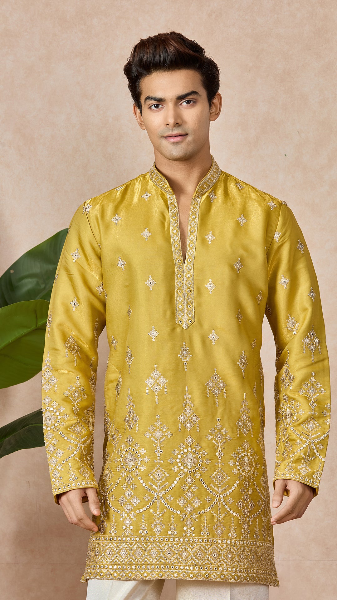 Yellow V-Neck Short Kurta Set for Men with Korean Pants