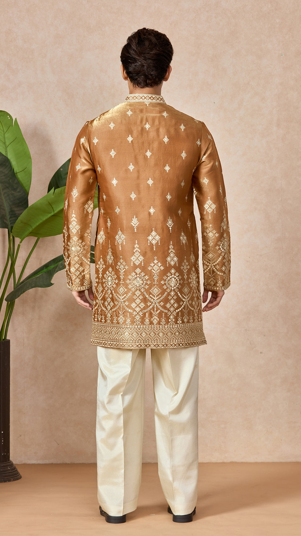 Bronze V-Neck Short Kurta Set for Men with Korean Pants