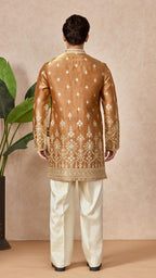 Bronze V-Neck Short Kurta Set for Men with Korean Pants