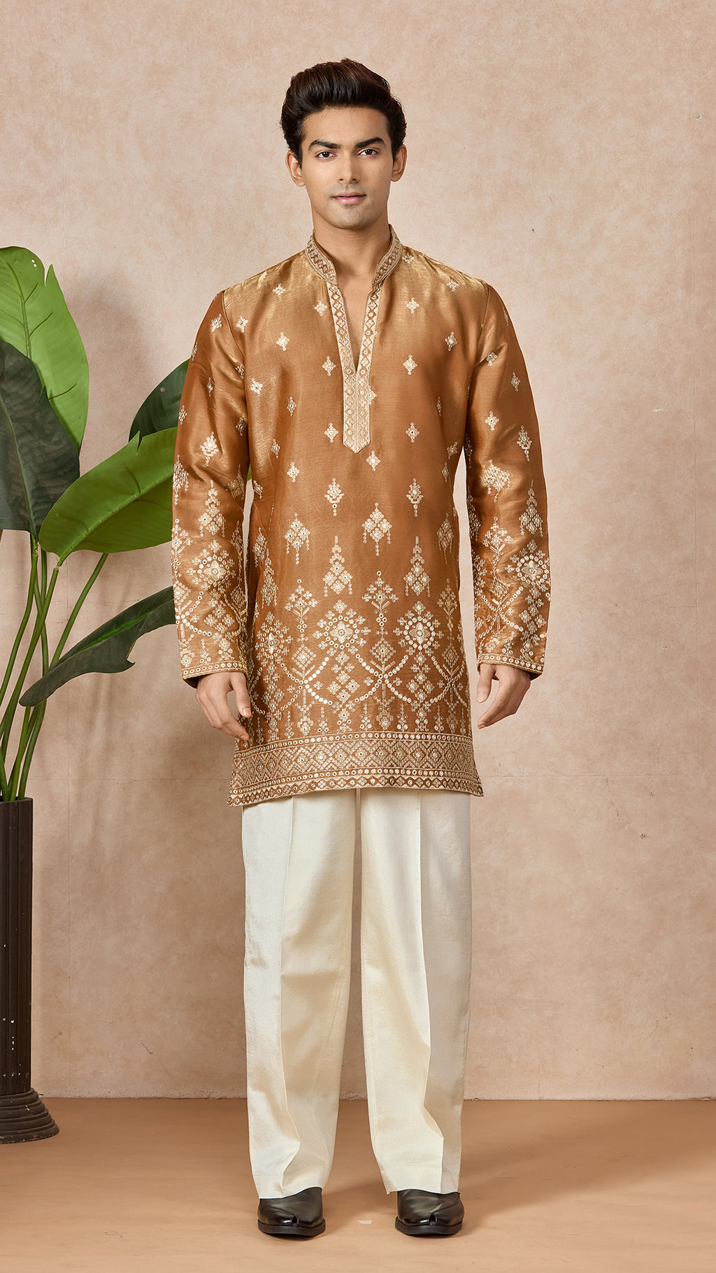 Bronze V-Neck Short Kurta Set for Men with Korean Pants