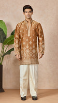 Bronze V-Neck Short Kurta Set for Men with Korean Pants