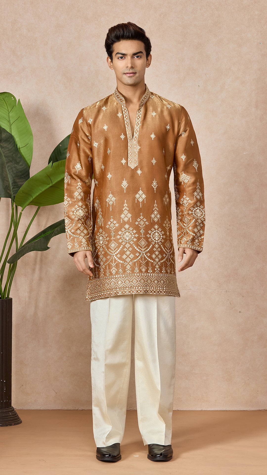 Bronze V-Neck Short Kurta Set for Men with Korean Pants