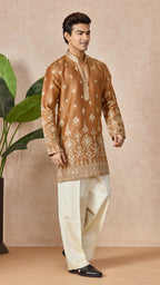Bronze V-Neck Short Kurta Set for Men with Korean Pants