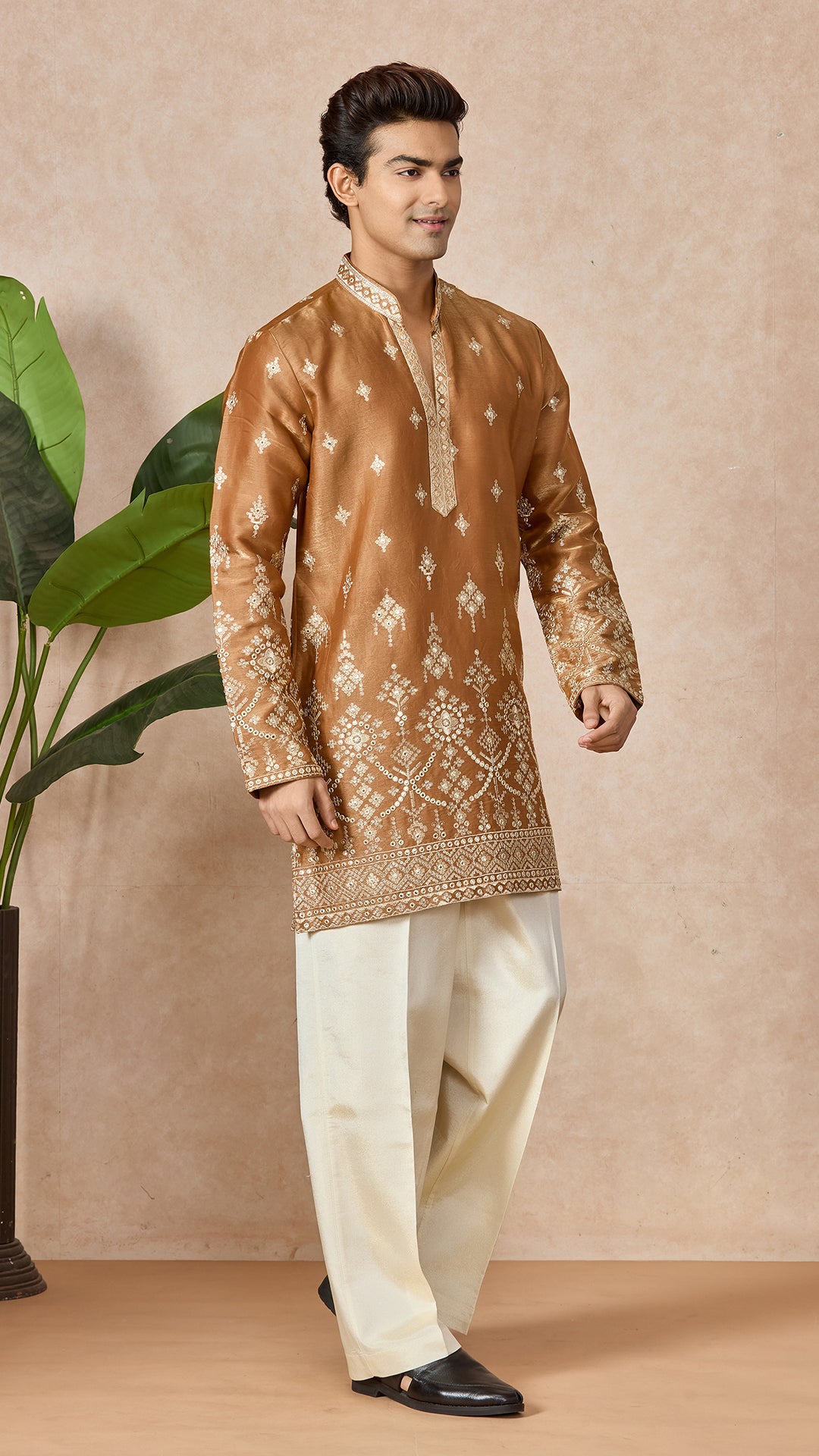 Bronze V-Neck Short Kurta Set for Men with Korean Pants