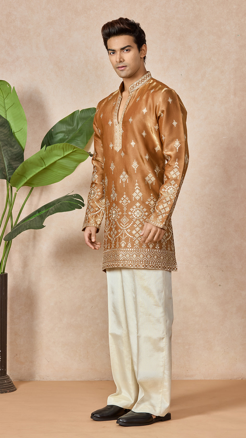Bronze V-Neck Short Kurta Set for Men with Korean Pants